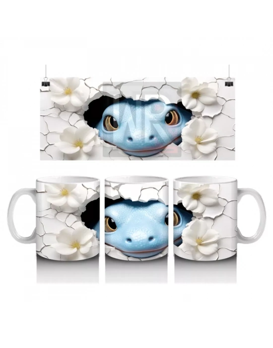 Beyaz Çiçekler Arasında Suda Yüzen Mavi Kaplumbağa – Baskılı Kahve Kupası