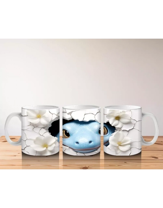 Beyaz Çiçekler Arasında Suda Yüzen Mavi Kaplumbağa – Baskılı Kahve Kupası