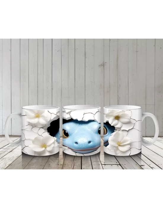 Beyaz Çiçekler Arasında Suda Yüzen Mavi Kaplumbağa – Baskılı Kahve Kupası