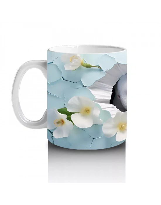 Beyaz Çiçekler Arasında Tatlı Su Aygırı - Baskılı Kahve Kupası