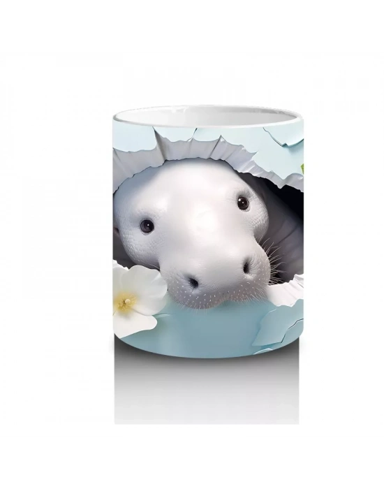 Beyaz Çiçekler Arasında Tatlı Su Aygırı - Baskılı Kahve Kupası