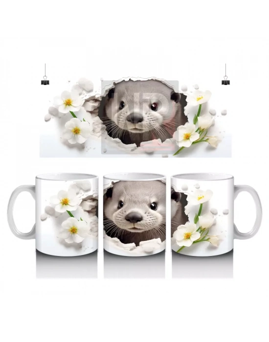 Beyaz Çiçekler Arasında Tatlı Su Samuru – Baskılı Kahve Kupası