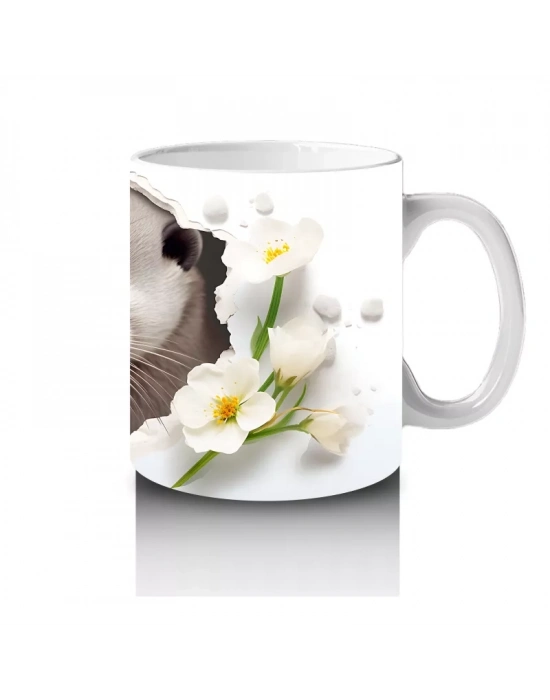 Beyaz Çiçekler Arasında Tatlı Su Samuru – Baskılı Kahve Kupası