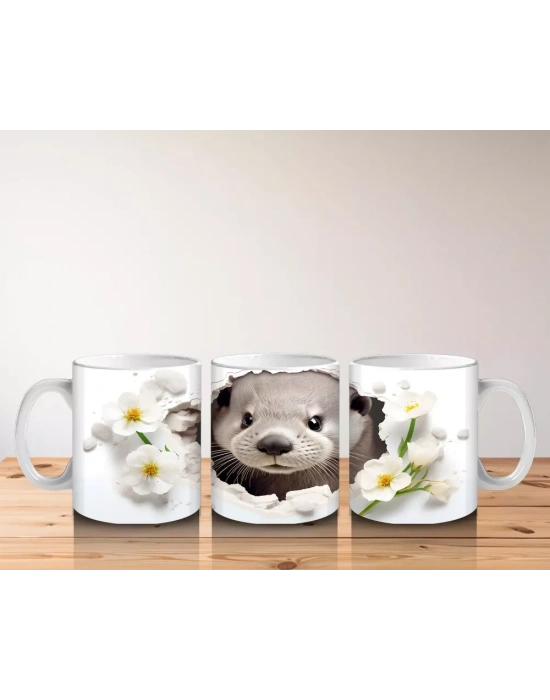 Beyaz Çiçekler Arasında Tatlı Su Samuru – Baskılı Kahve Kupası