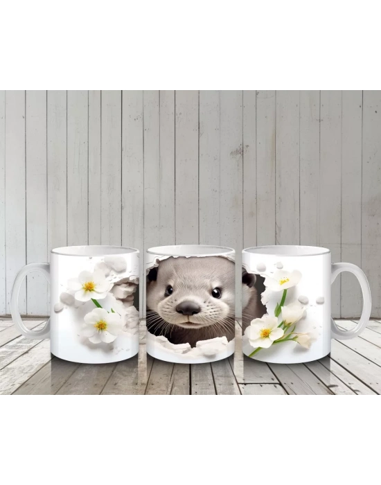 Beyaz Çiçekler Arasında Tatlı Su Samuru – Baskılı Kahve Kupası