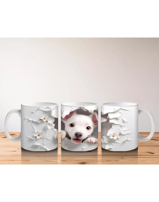 Beyaz Çiçekler Arasında Yavru Köpek – Baskılı Kahve Kupası