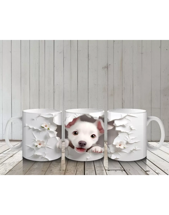 Beyaz Çiçekler Arasında Yavru Köpek – Baskılı Kahve Kupası