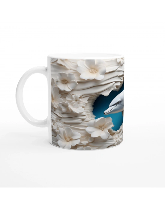 Beyaz Çiçekler Arasında Yüzen Yunus Su Altı Temalı Kupa Bardak