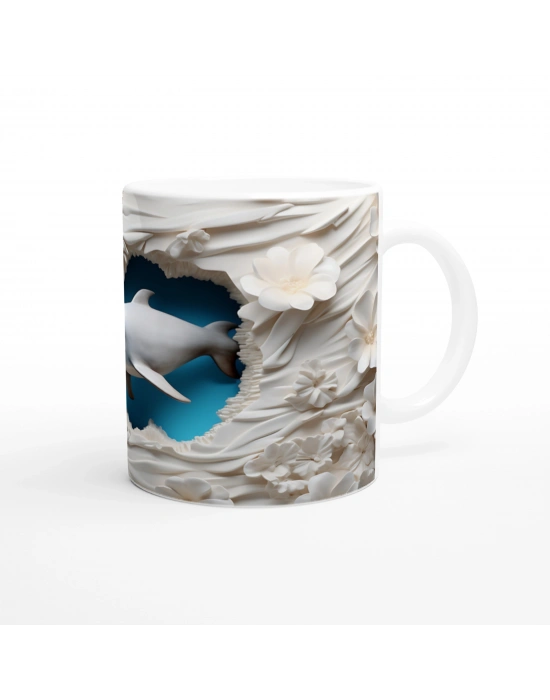 Beyaz Çiçekler Arasında Yüzen Yunus Su Altı Temalı Kupa Bardak