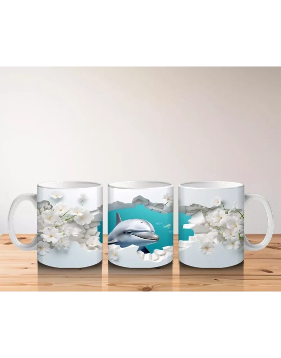 Beyaz Çiçekler Arasında Zıplayan Yunus – Baskılı Kahve Kupası