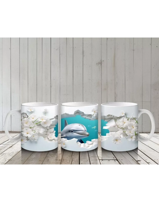 Beyaz Çiçekler Arasında Zıplayan Yunus – Baskılı Kahve Kupası