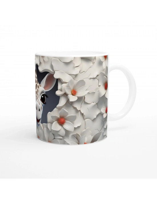 Beyaz Çiçekler Arasında Zürafa Temalı Baskılı Kupa Bardak