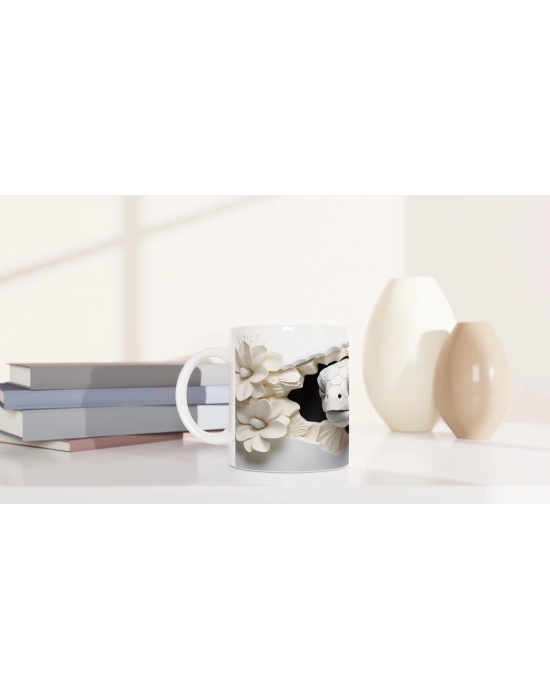 Beyaz Çiçekler Arasından Bakan Deniz Kaplumbağası Kupa Bardak