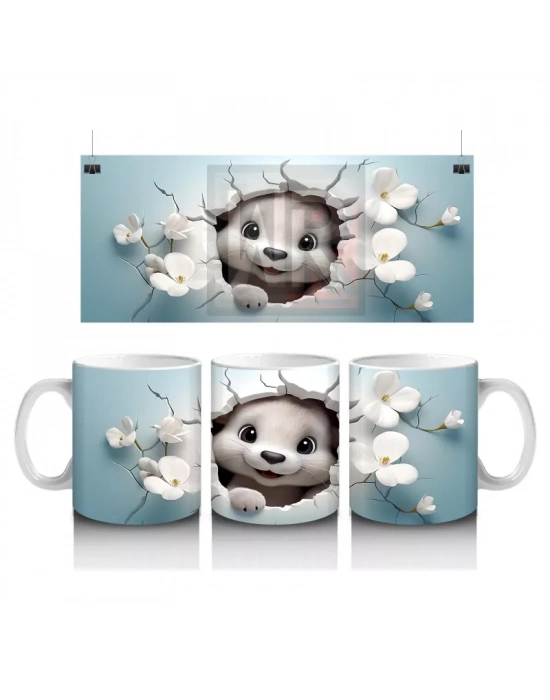 Beyaz Çiçekler Önünde Gülümseyen Su Samuru – Baskılı Kahve Kupası