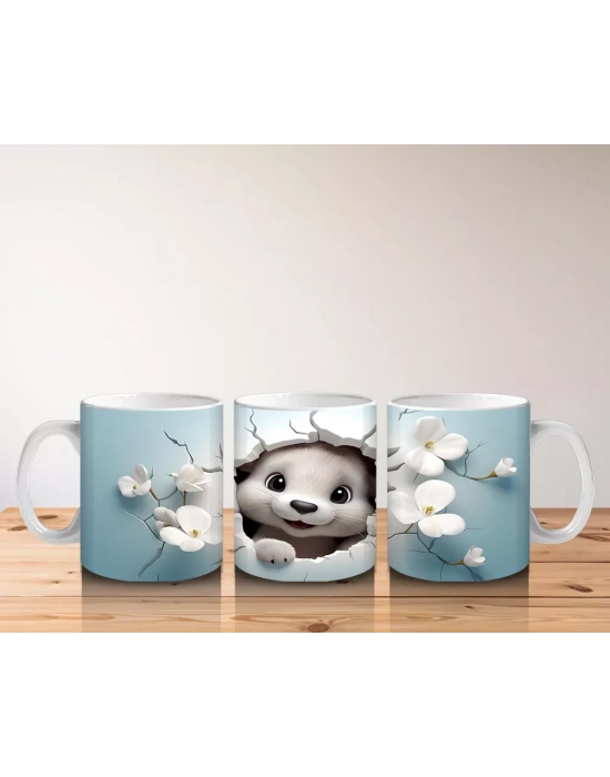 Beyaz Çiçekler Önünde Gülümseyen Su Samuru – Baskılı Kahve Kupası