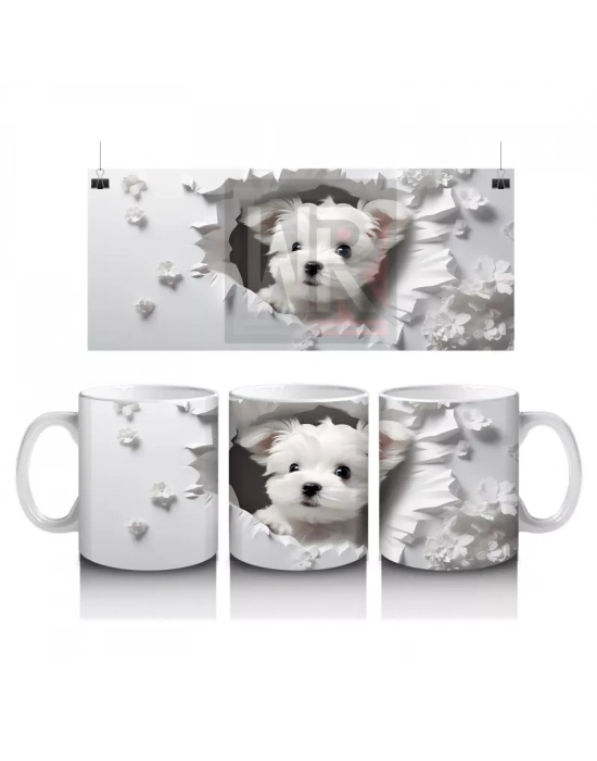 Beyaz Çiçekler Önünde Sevimli Yavru Köpek – Baskılı Kahve Kupası