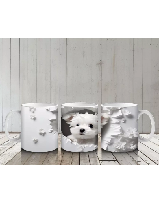 Beyaz Çiçekler Önünde Sevimli Yavru Köpek – Baskılı Kahve Kupası