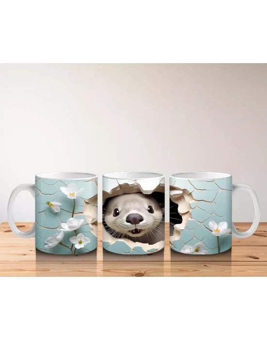 Beyaz Çiçekler Önünde Şirin Su Samuru – Baskılı Kahve Kupası