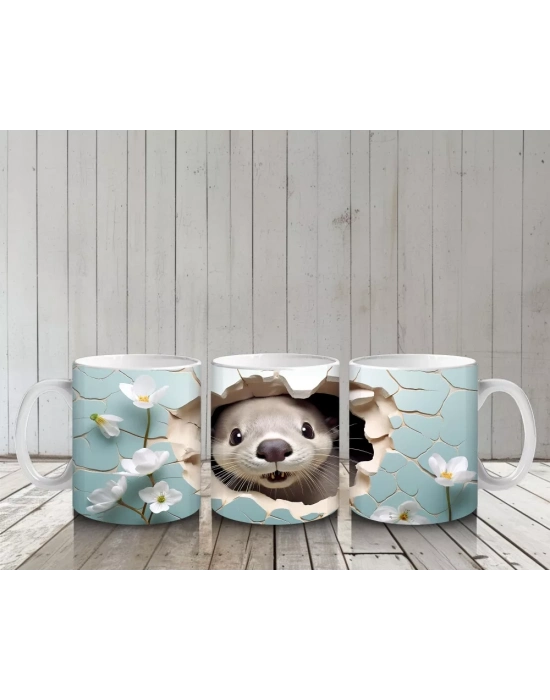 Beyaz Çiçekler Önünde Şirin Su Samuru – Baskılı Kahve Kupası