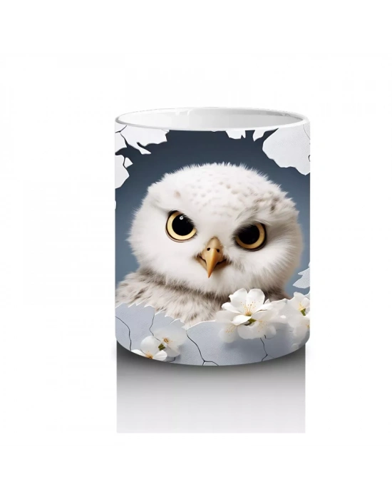 Beyaz Çiçekler Üzerinde Dikkatli Baykuş – Baskılı Kahve Kupası