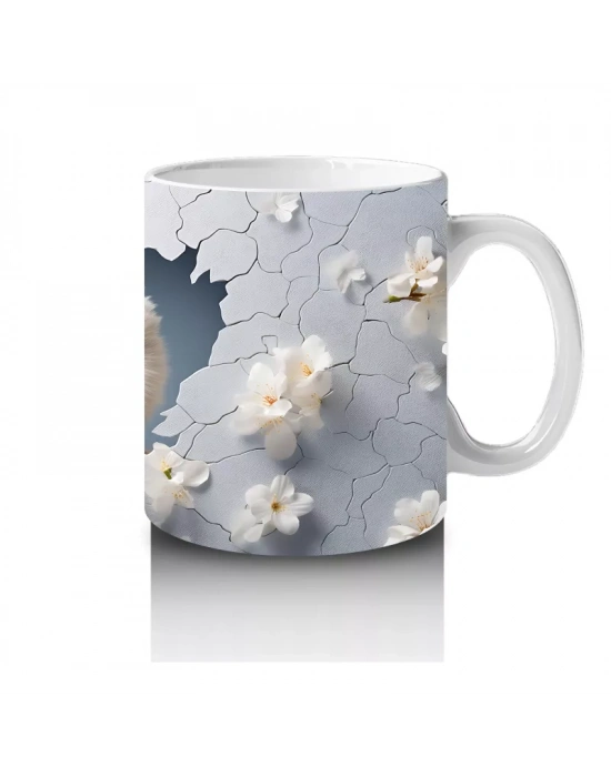 Beyaz Çiçekler Üzerinde Dikkatli Baykuş – Baskılı Kahve Kupası