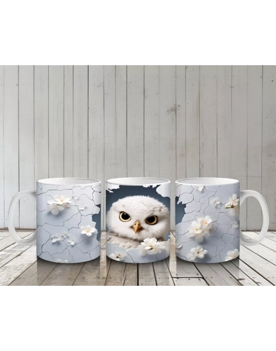 Beyaz Çiçekler Üzerinde Dikkatli Baykuş – Baskılı Kahve Kupası