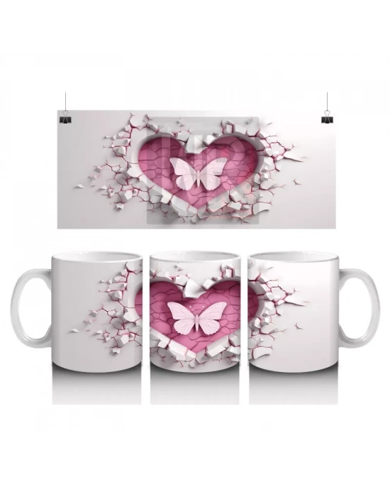 Beyaz Çiçekler Üzerinde Kalp Sembolü – Baskılı Kahve Kupası