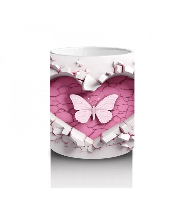 Beyaz Çiçekler Üzerinde Kalp Sembolü – Baskılı Kahve Kupası