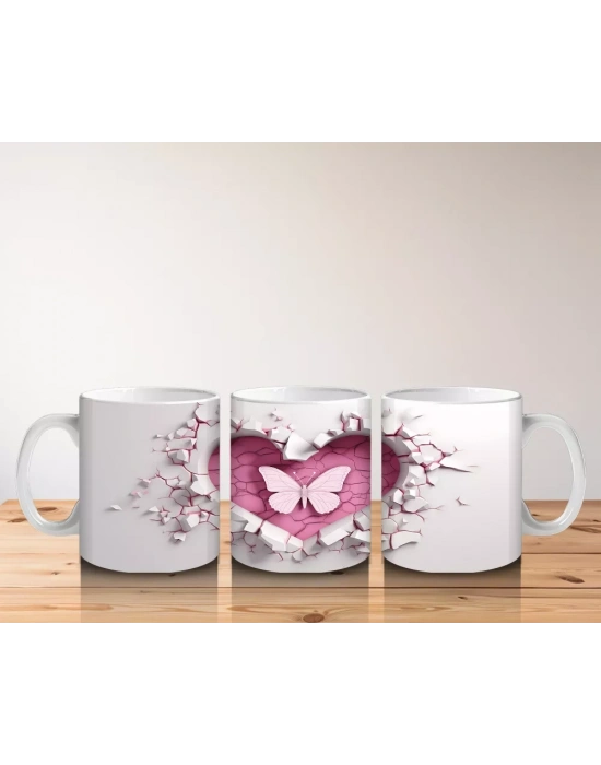 Beyaz Çiçekler Üzerinde Kalp Sembolü – Baskılı Kahve Kupası