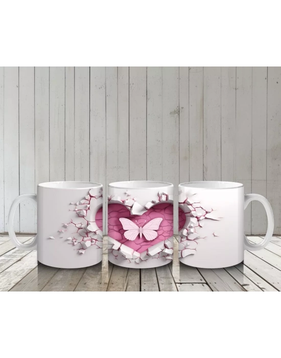 Beyaz Çiçekler Üzerinde Kalp Sembolü – Baskılı Kahve Kupası