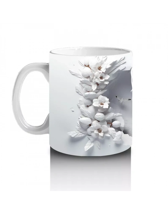 Beyaz Çiçekler ve Dallar Arasında Bakan Geyik – Baskılı Kahve Kupası
