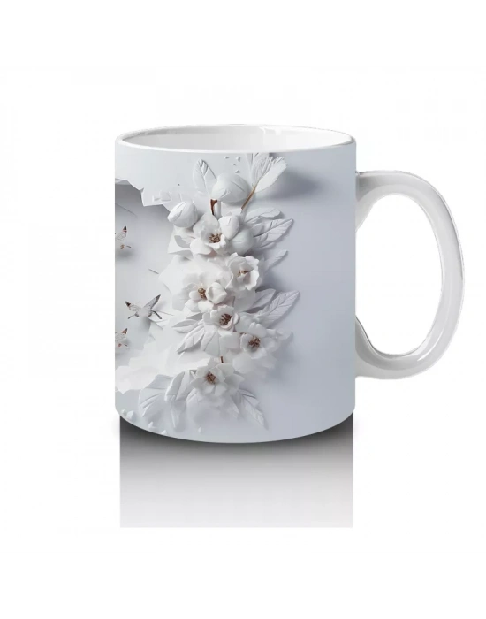 Beyaz Çiçekler ve Dallar Arasında Bakan Geyik – Baskılı Kahve Kupası