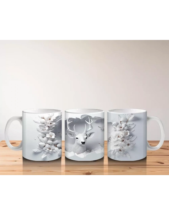 Beyaz Çiçekler ve Dallar Arasında Bakan Geyik – Baskılı Kahve Kupası