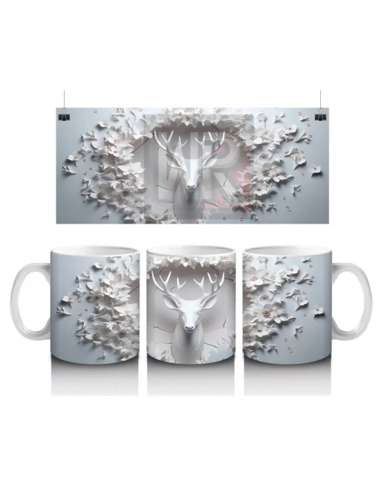 Beyaz Çiçekler ve Dallar Arasında Zarif Geyik – Baskılı Kahve Kupası