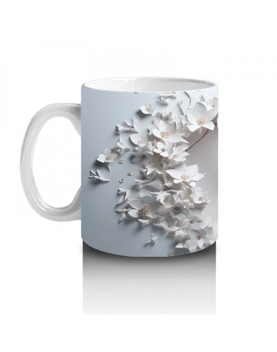 Beyaz Çiçekler ve Dallar Arasında Zarif Geyik – Baskılı Kahve Kupası