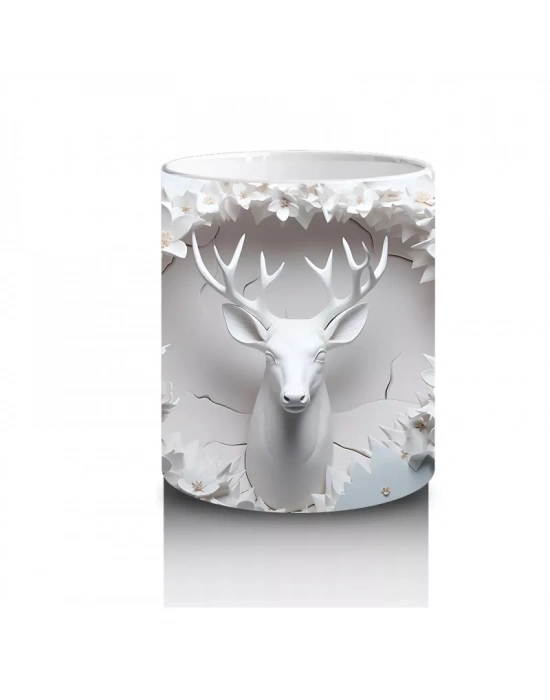 Beyaz Çiçekler ve Dallar Arasında Zarif Geyik – Baskılı Kahve Kupası