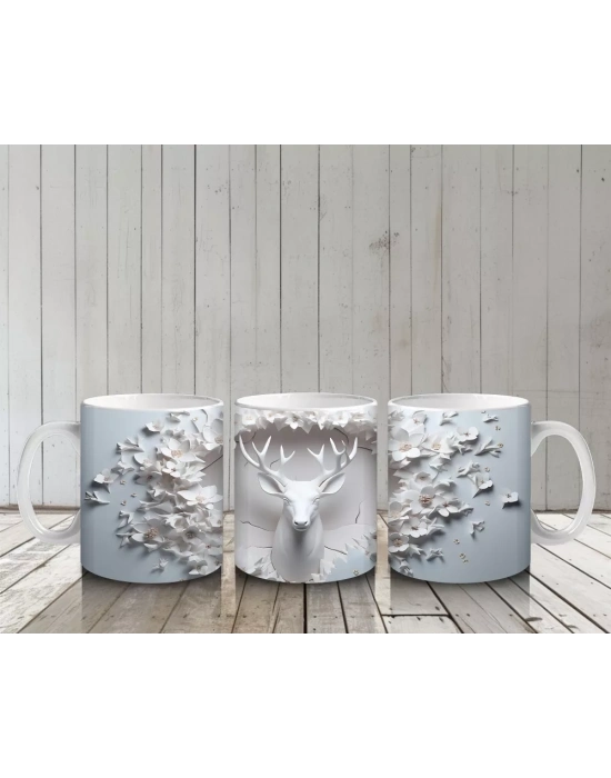 Beyaz Çiçekler ve Dallar Arasında Zarif Geyik – Baskılı Kahve Kupası