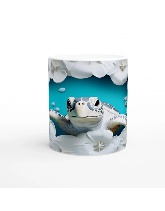 Beyaz Çiçekler ve Mavi Balıklar Arasında Deniz Kaplumbağası Kupa Bardak