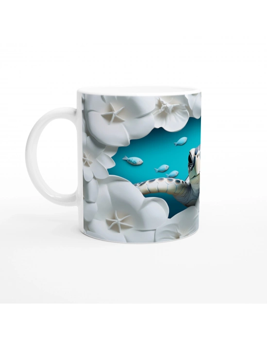 Beyaz Çiçekler ve Mavi Balıklar Arasında Deniz Kaplumbağası Kupa Bardak