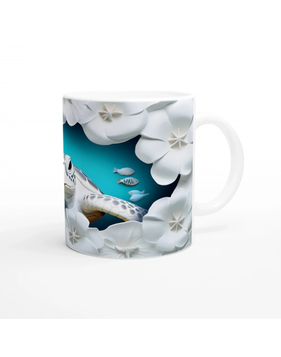 Beyaz Çiçekler ve Mavi Balıklar Arasında Deniz Kaplumbağası Kupa Bardak