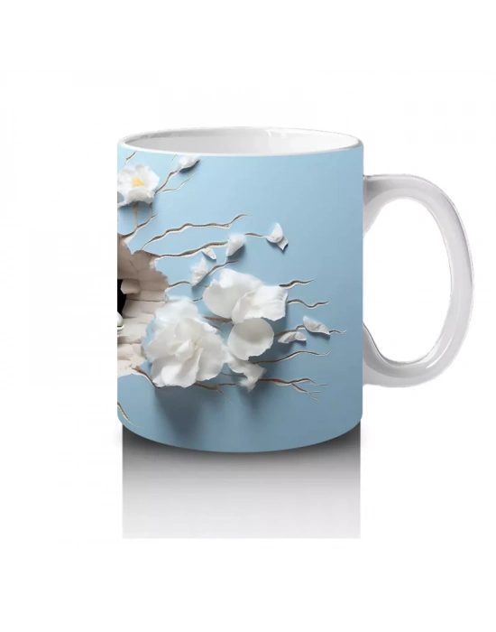 Beyaz Çiçekler ve Okyanus Temalı Yunus - Baskılı Kahve Kupası