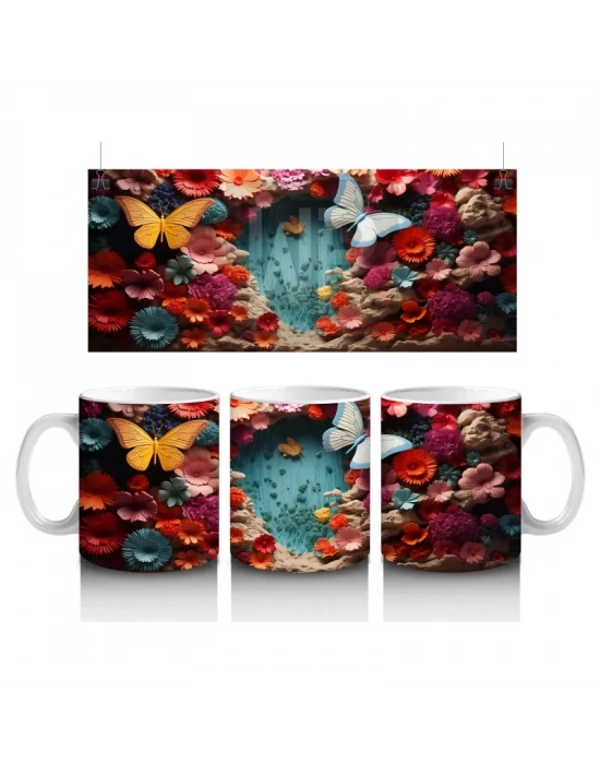 Beyaz Çiçekler ve Uçuşan Kelebekler – Baskılı Kahve Kupası