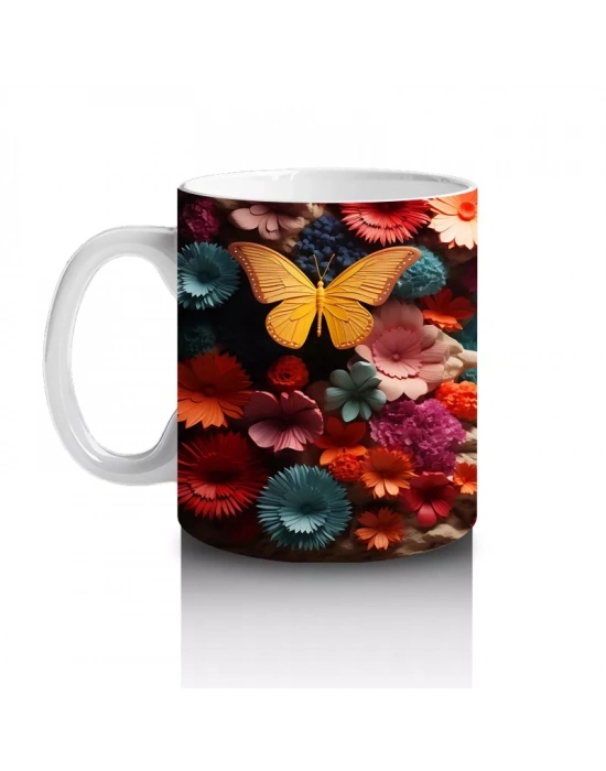 Beyaz Çiçekler ve Uçuşan Kelebekler – Baskılı Kahve Kupası