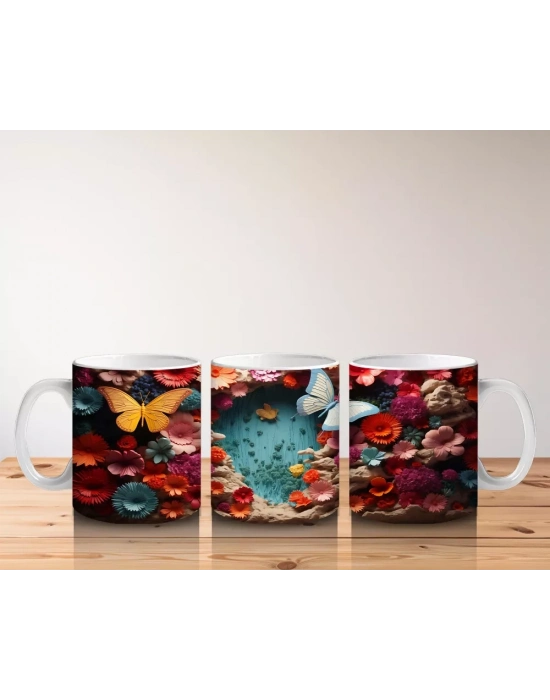 Beyaz Çiçekler ve Uçuşan Kelebekler – Baskılı Kahve Kupası