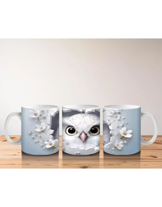 Beyaz Çiçeklerle Çevrelenmiş Tatlı Baykuş – Baskılı Kahve Kupası