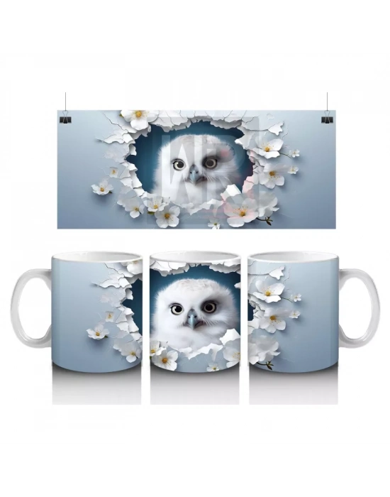 Beyaz Çiçeklerle Çevrili Sevimli Baykuş – Baskılı Kahve Kupası