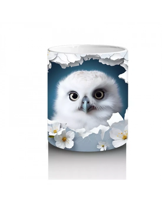 Beyaz Çiçeklerle Çevrili Sevimli Baykuş – Baskılı Kahve Kupası