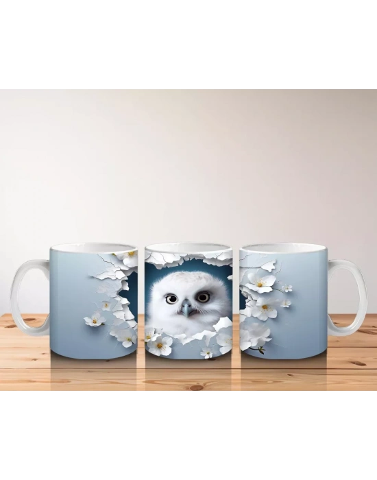 Beyaz Çiçeklerle Çevrili Sevimli Baykuş – Baskılı Kahve Kupası