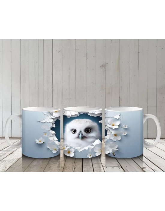 Beyaz Çiçeklerle Çevrili Sevimli Baykuş – Baskılı Kahve Kupası