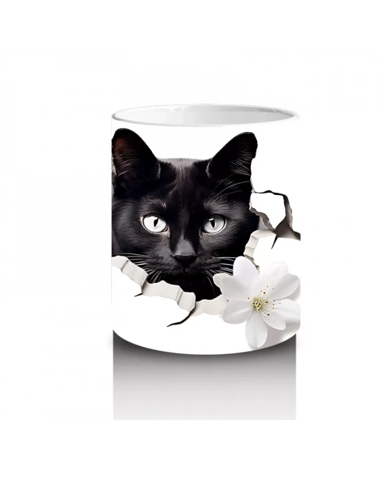 Beyaz Çiçeklerle Kaplı Siyah Kedi – Baskılı Kahve Kupası